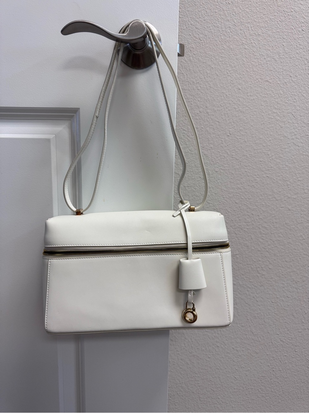 White Leather Shoulder Bag with Gold Accent Hardware